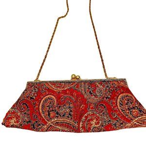 Vintage Velvet Purse Brass Beaded Glittery Paisley Chain Strap Pocket no tags